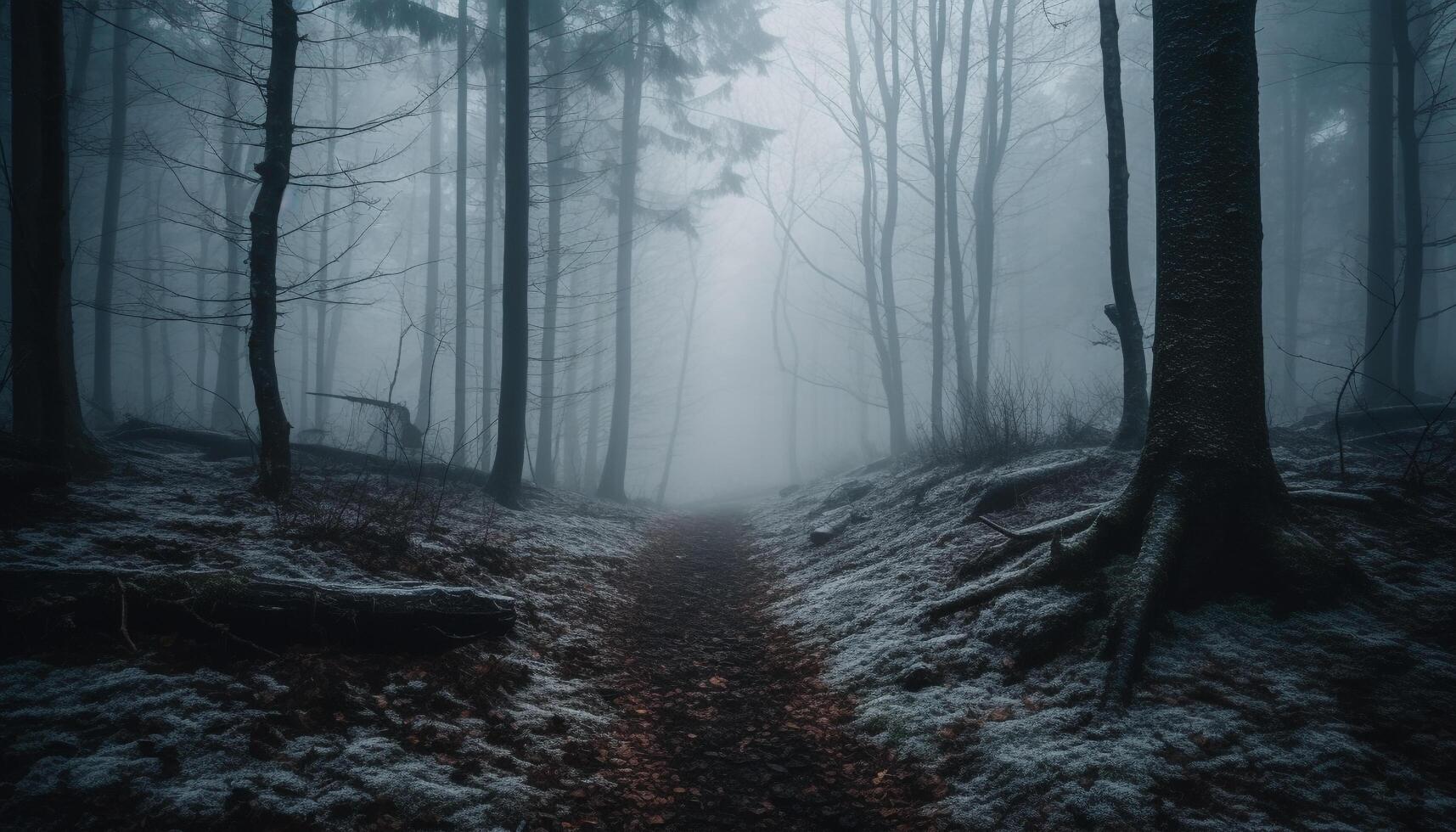 escalofriante otoño bosque brumoso misterio rodea arboles generado por ai foto