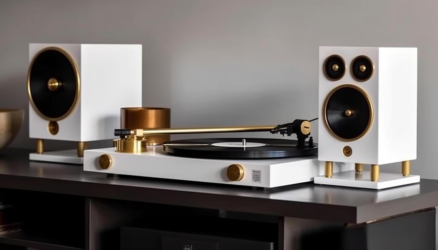 Modern turntable spinning on metal table in nightclub photo