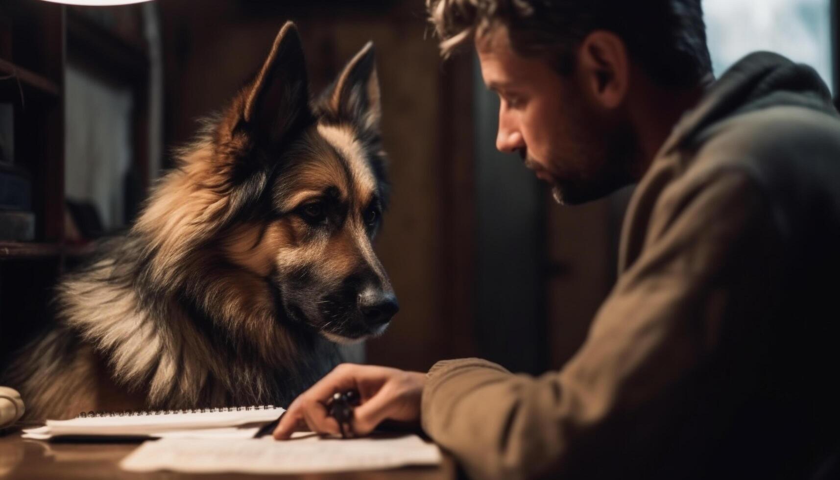 One man sitting with his cute dog photo