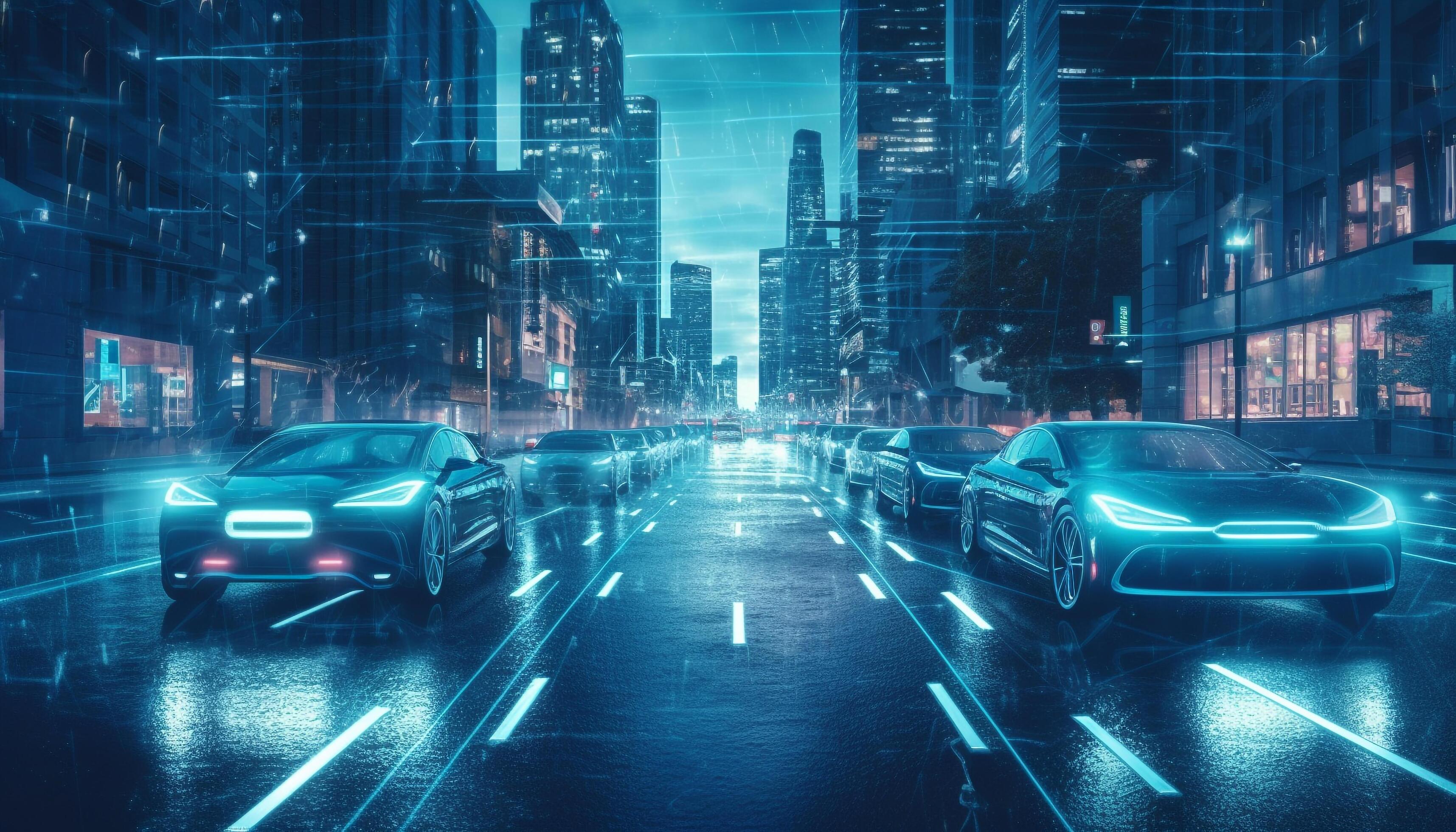 Blurred motion, illuminated skyscrapers, rush hour traffic 24791383 