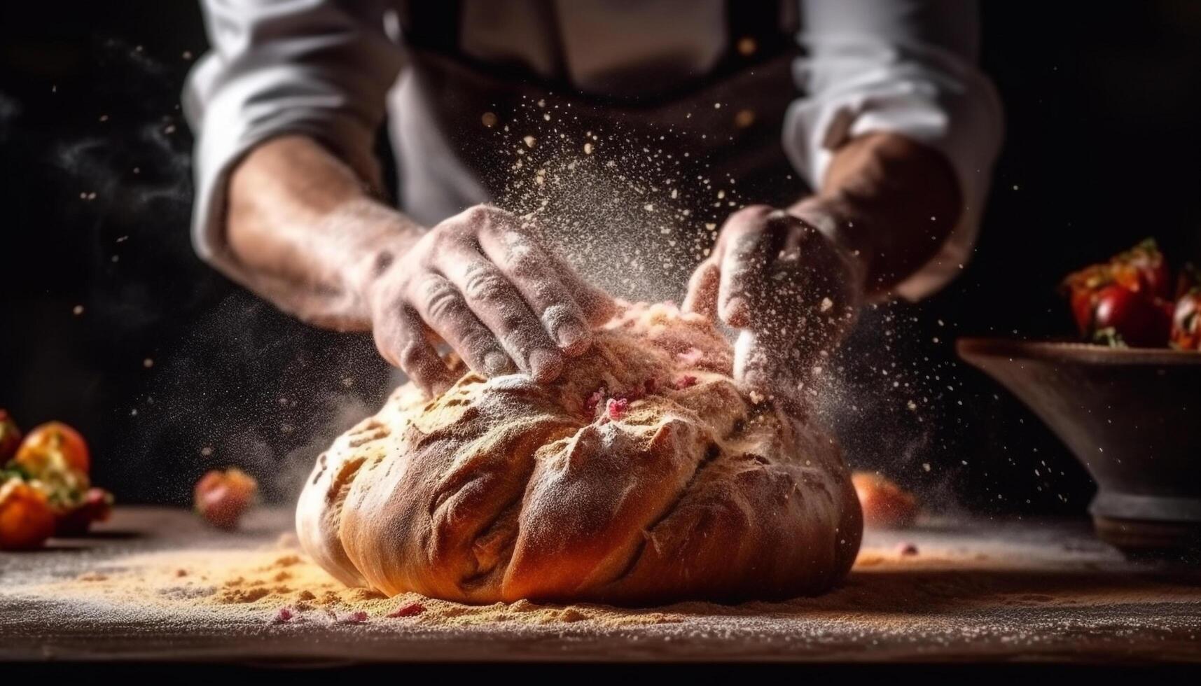 Handmade bread dough kneaded on wooden table photo