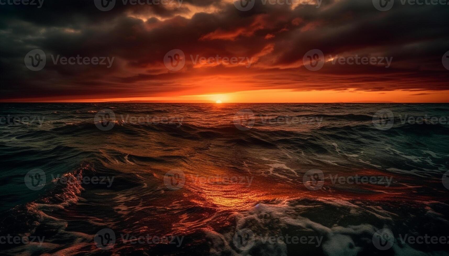 Vibrant sunset sky reflects on tranquil water generated by AI photo