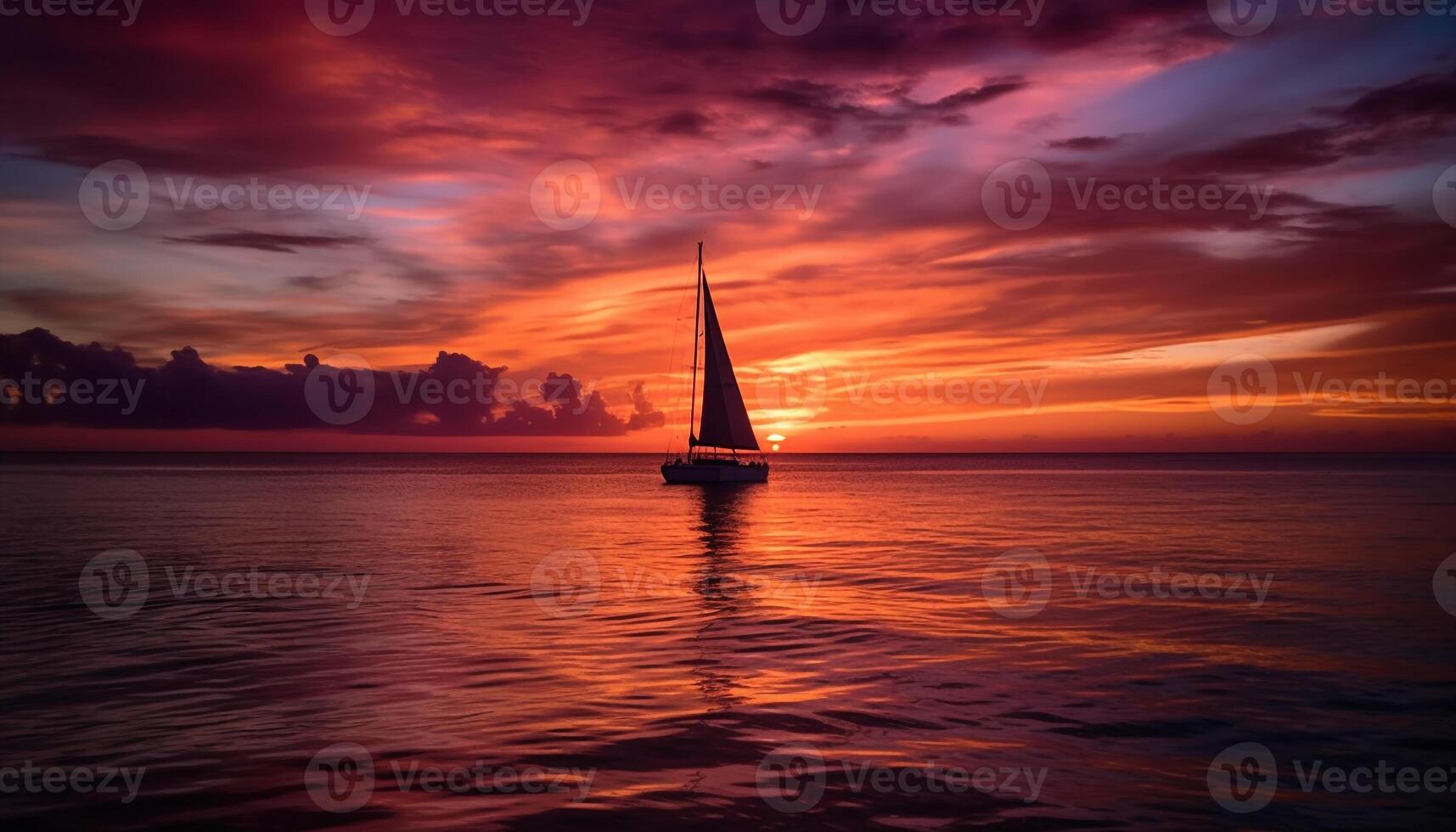 Sailboat sails into the orange horizon over water generated by AI photo