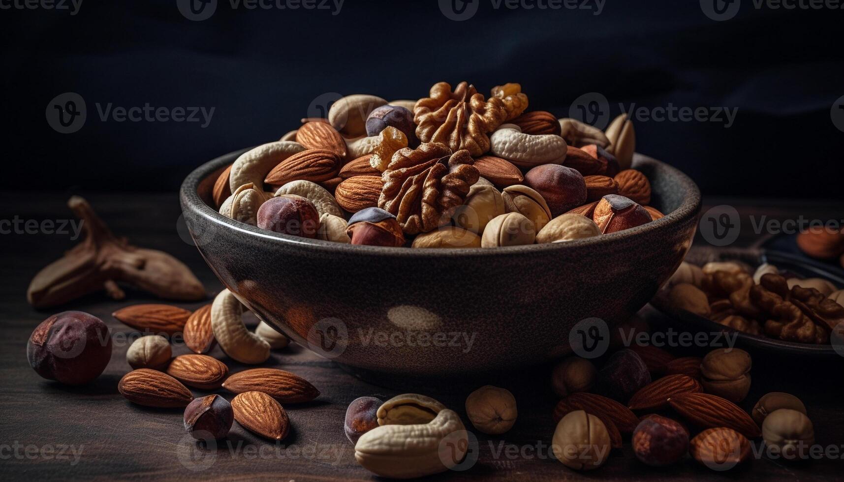Healthy nuts and seeds in rustic bowl generated by AI photo