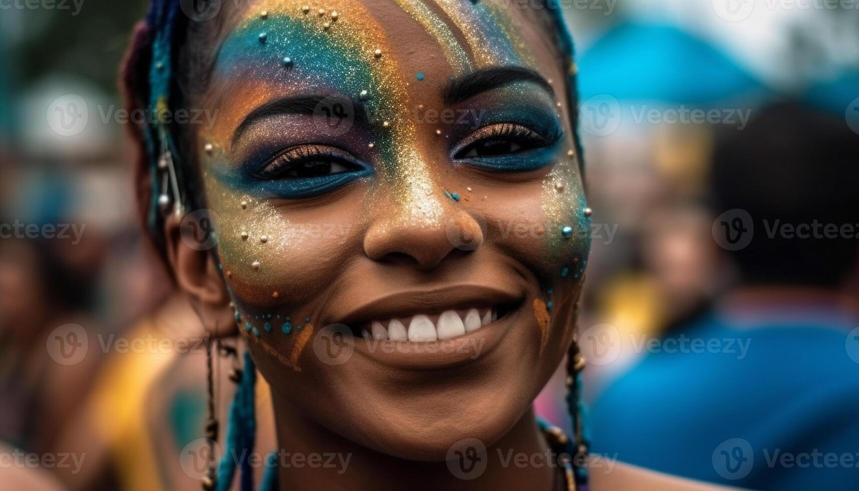 sonriente joven mujer disfrutar vistoso festival pintar generado por ai foto