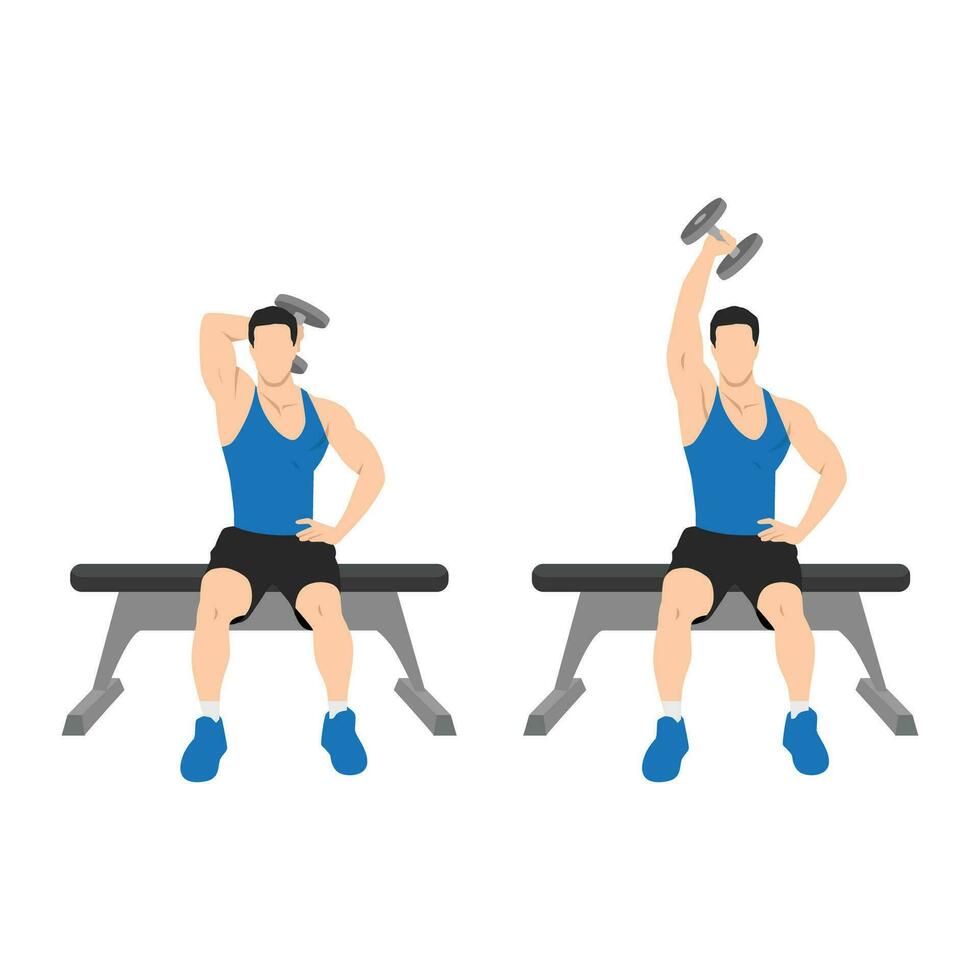 hombre haciendo sentado soltero brazo gastos generales pesa tricep extensiones ejercicio. vector