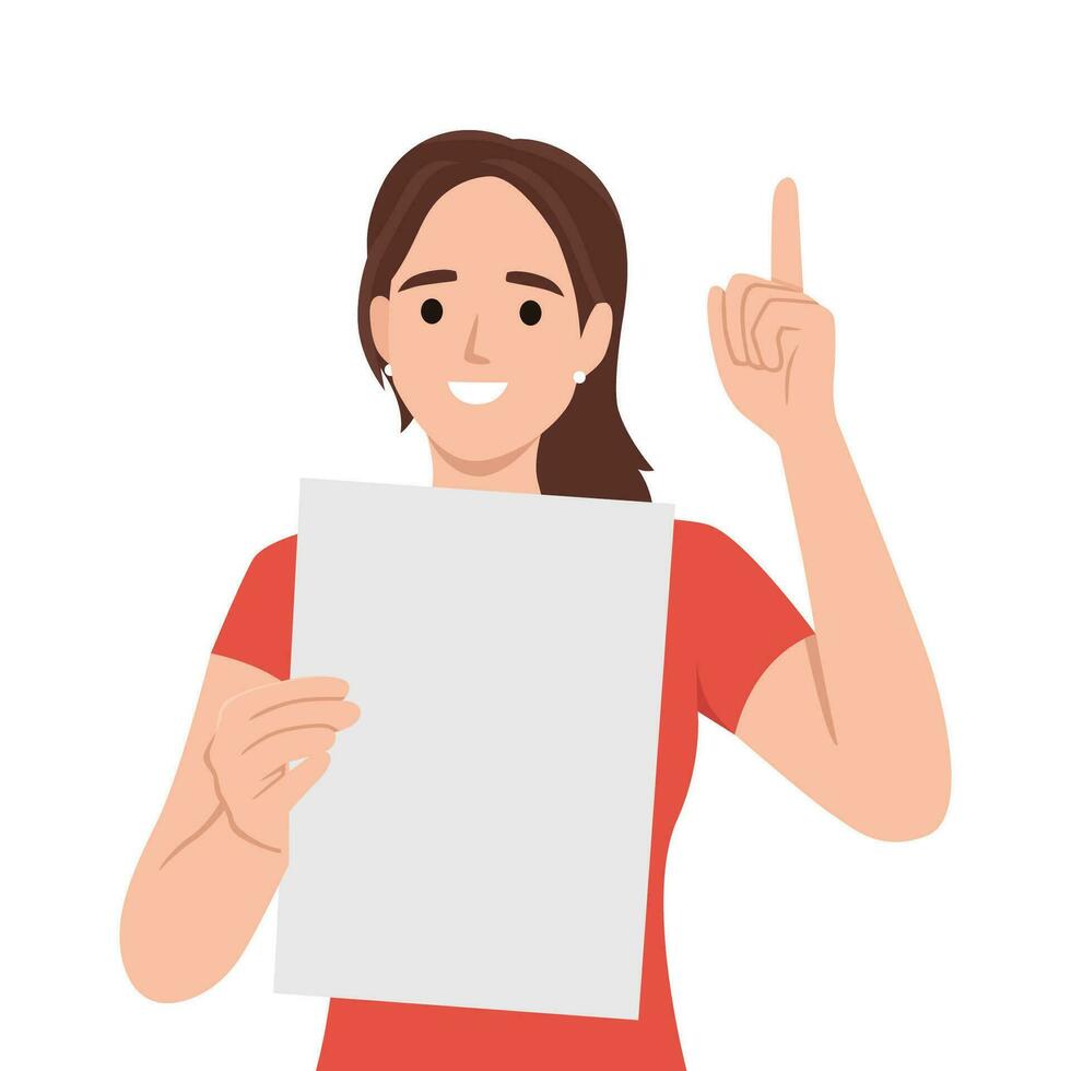 Smiling young woman hold blank poster card point up with finger. Happy girl with empty mockup placard show upward with finger. vector