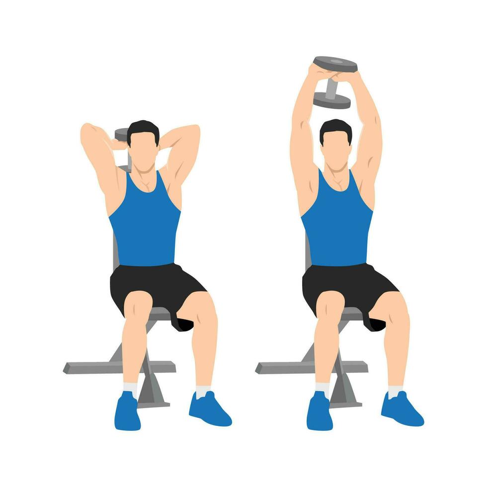 hombre haciendo sentado tricep prensa. gastos generales extensiones ejercicio. vector