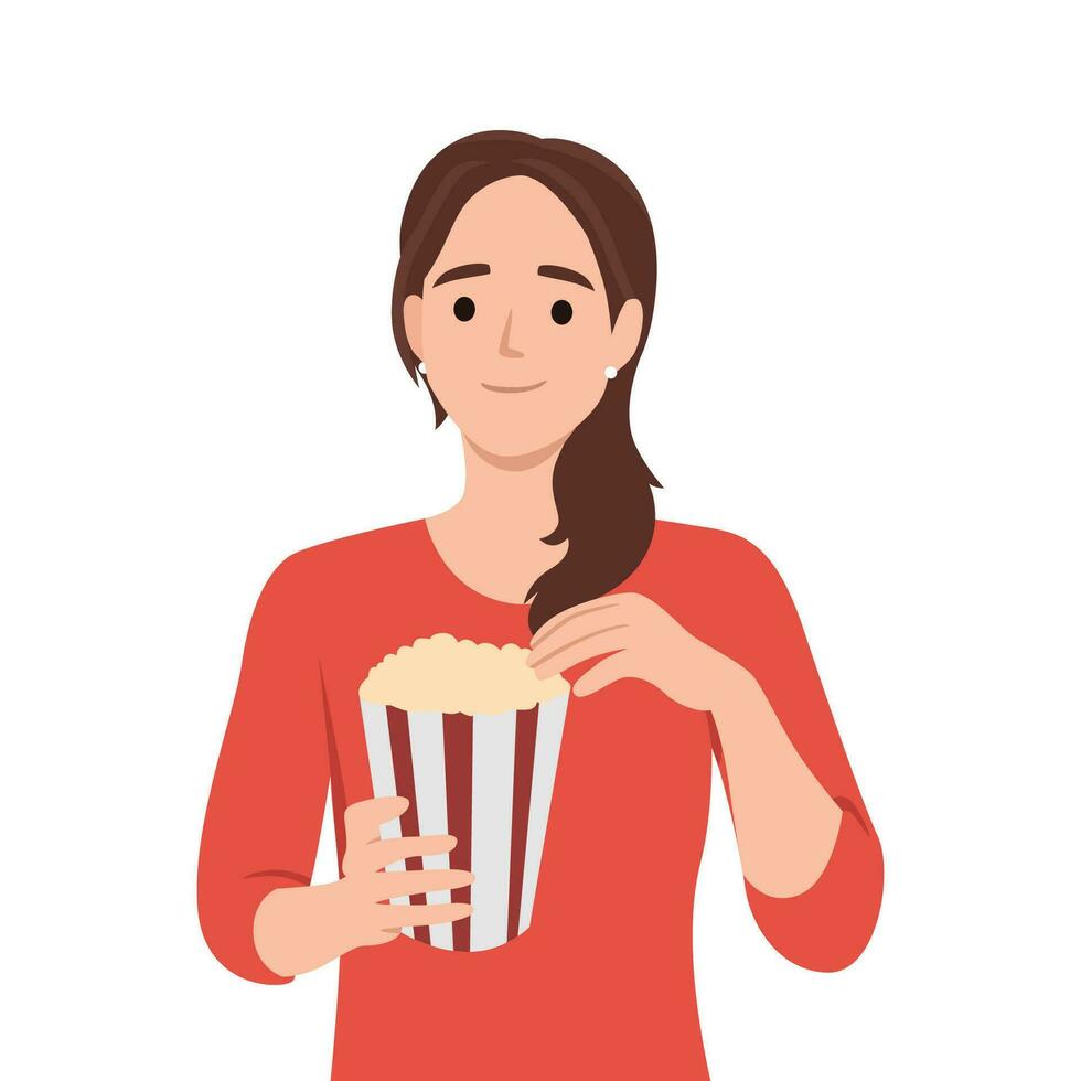 Fast and junk food, Unhealthy eating, calories concept. Young stressed girl cartoon character eating pop corn from basket with hands vector