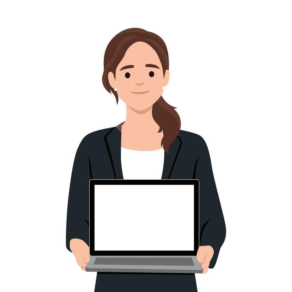 Young businesswoman showing blank screen laptop computer. vector