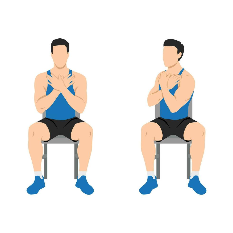 Man doing seated gluteal and lumbar rotation or chair twist exercise. vector