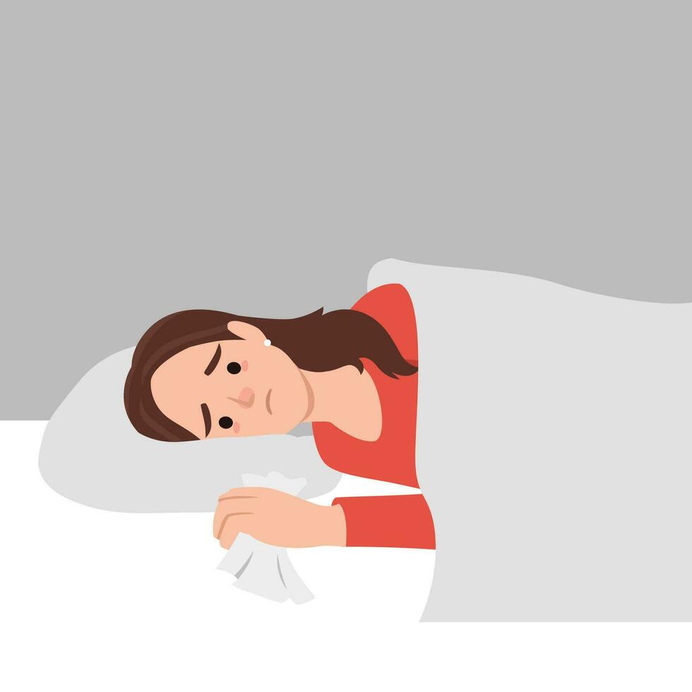 Flu sick woman lying in bed under blanket with sleeping red cat. Young girl have autumn or winter seasonal cold respiratory infection disease vector