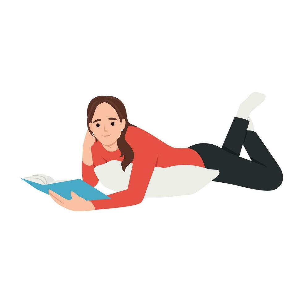 Young female lying on a floor and reading a book. vector