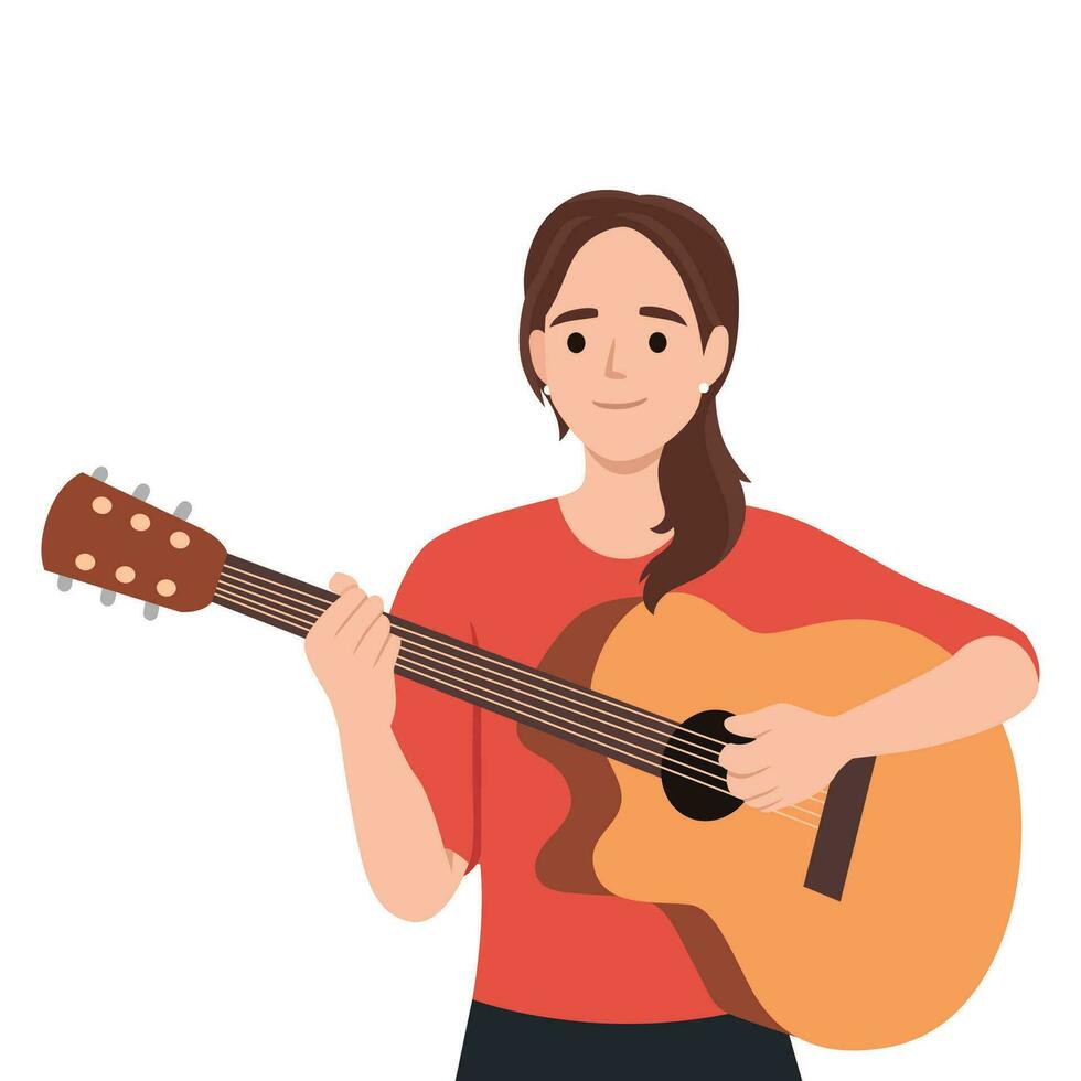 música y creatividad. mujer en camiseta jugando en acústico guitarra. plano vector ilustración aislado en blanco antecedentes