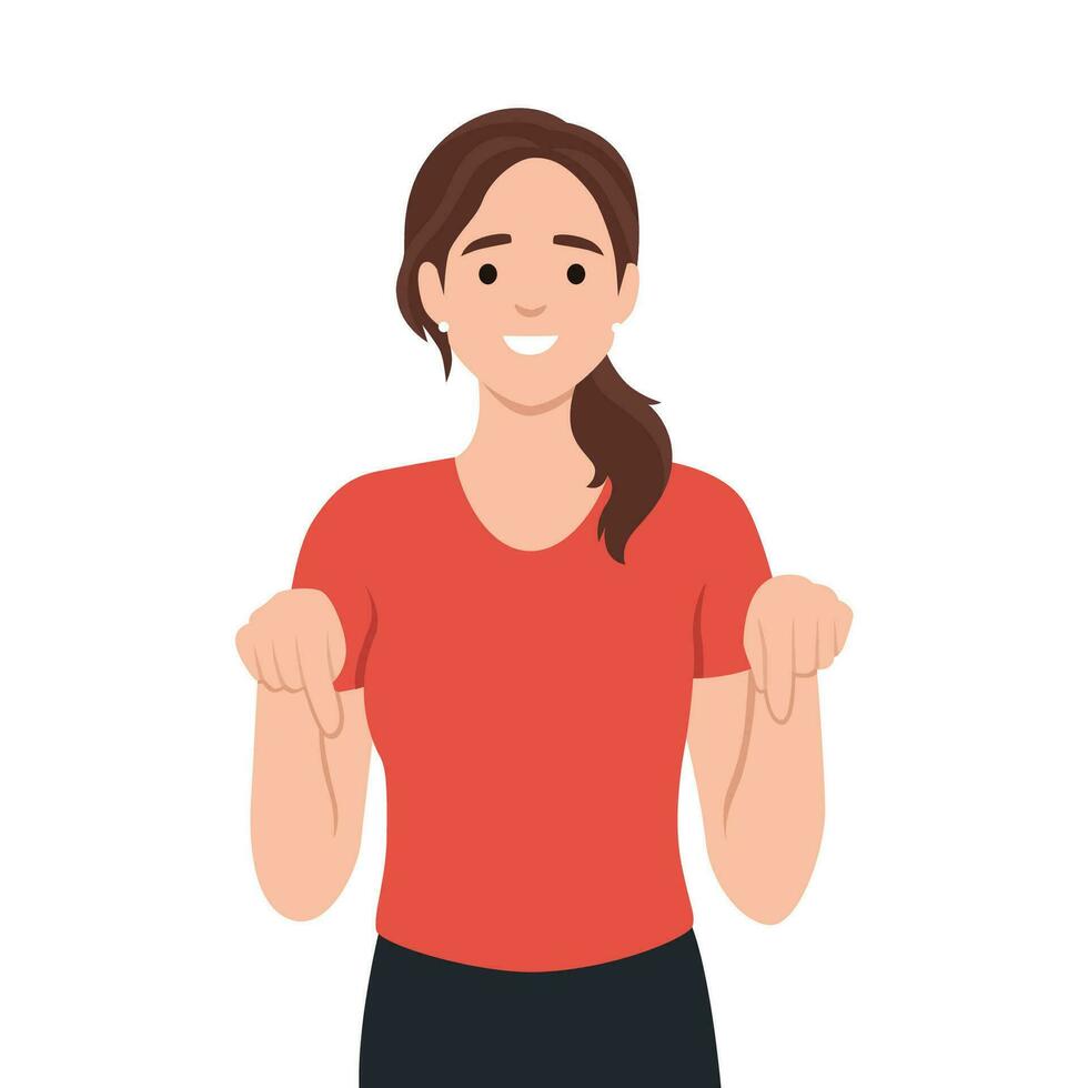 Young woman point down to blank space. vector