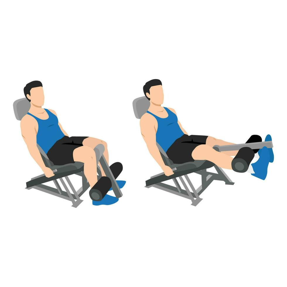 hombre haciendo sentado máquina pierna extensiones ejercicio. vector