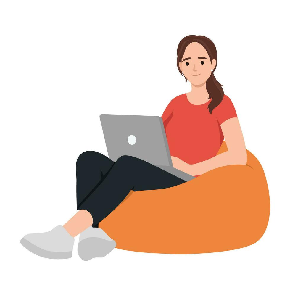 Woman working with laptop sitting on bean bag vector