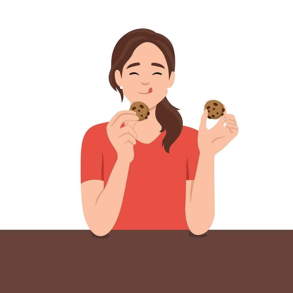 Young woman having breakfast eating cookies, people activity, daily routine vector