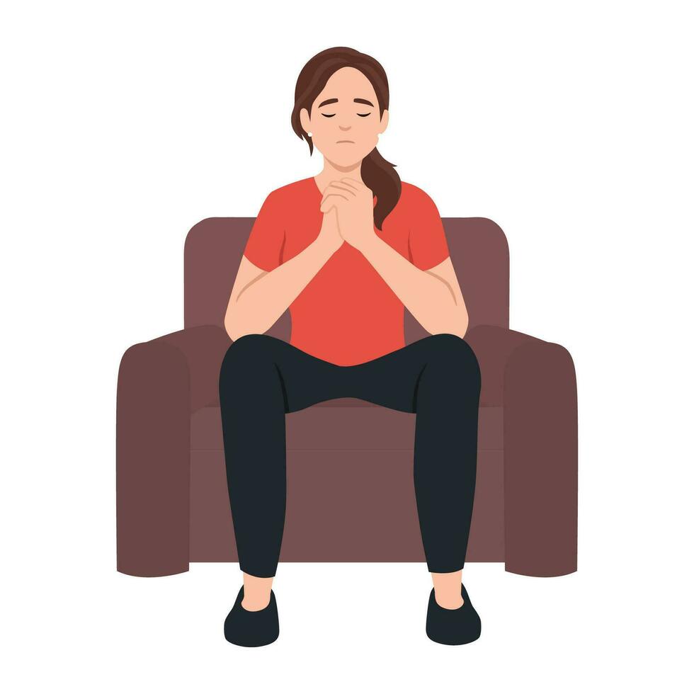 Praying, asking for God help concept. Young girl with folded hands and closed eyes, crying, asking for forgiveness, repenting, regretting, religious woman shriving vector