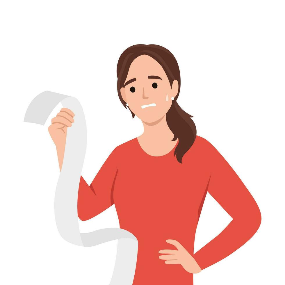 Financial theme with weary and shocked woman holding perusing the very long bill. Financial problem concept with woman feeling shocked from her overspending vector