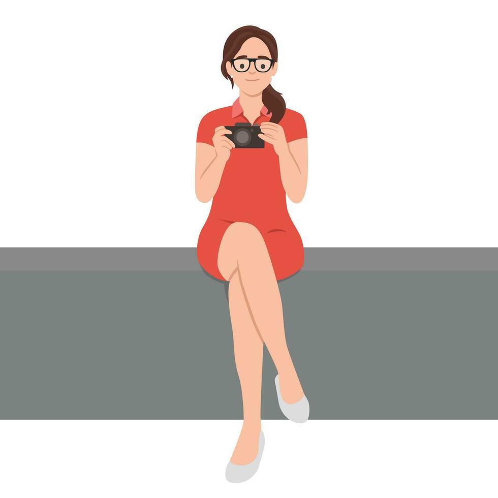 Woman holding camera People take photo Hobby vector