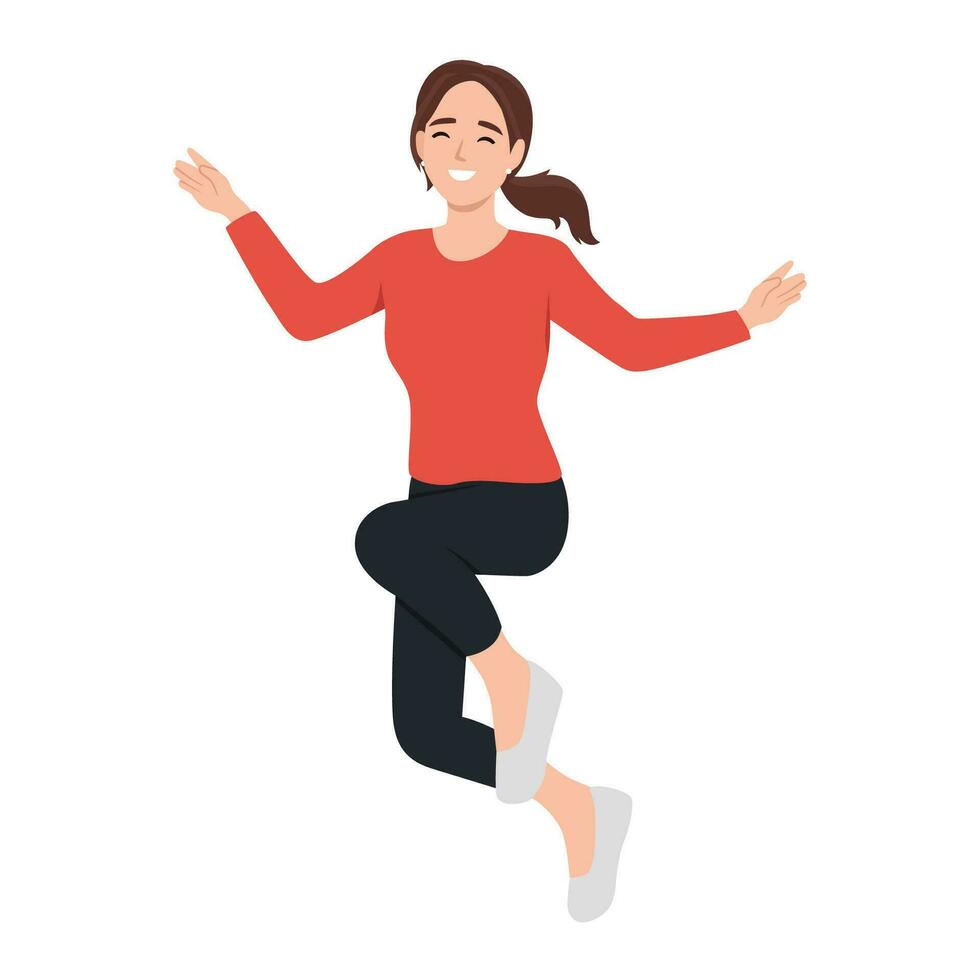 Happy surprised woman in jeans jumping isolated. vector