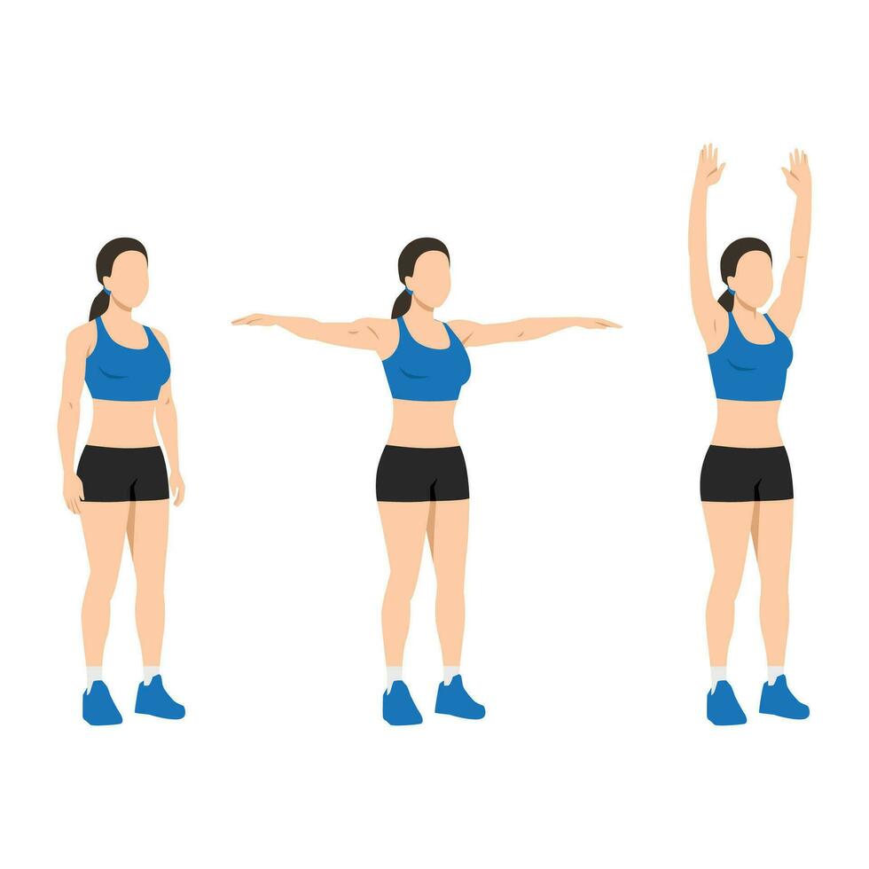 Woman doing double arm side or lateral raises to overhead extension  exercise. 24792867 Vector Art at Vecteezy