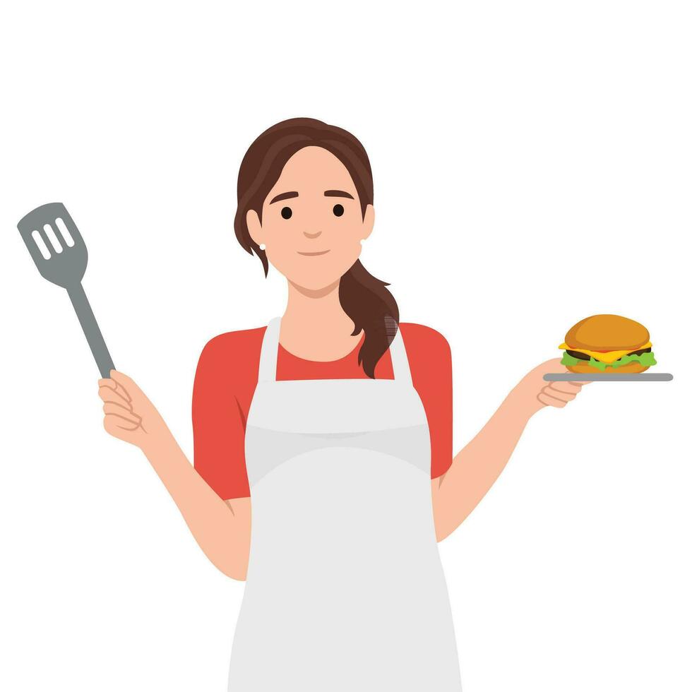 Fast food, burger house online service or platform. Chef cook tasty hamburger with cheese, tomato and beef. Online video tutorial vector