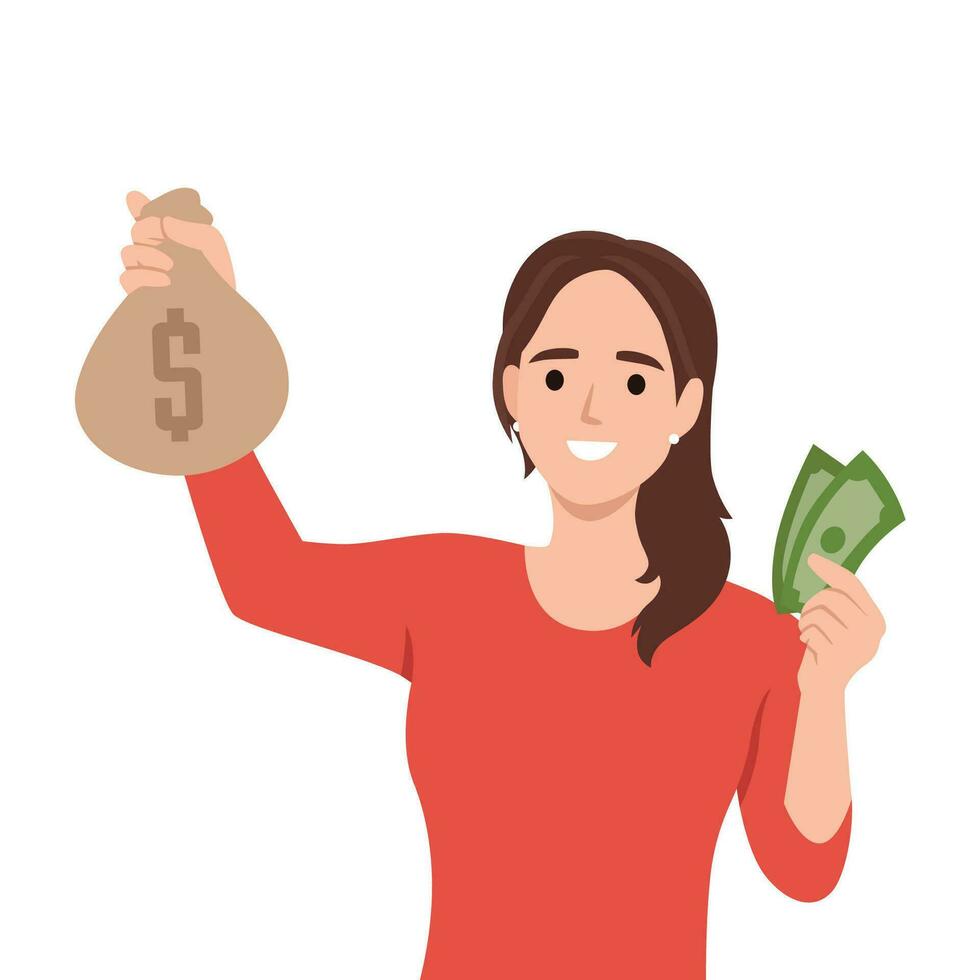 Money, winning, capital, investment, business concept. Young happy smiling businesswoman cartoon character girl clerk manager taking credit vector