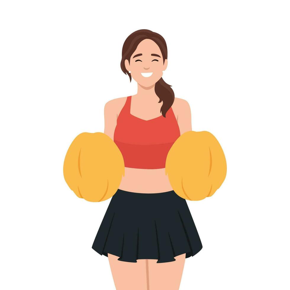 Cheerleading and sport concept. Young beautiful smiling girl cheerleader in red costume dancing moving with yellow pompoms vector