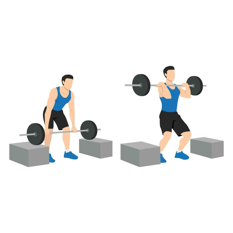 Man doing barbell cleans or box cleans or block cleans exercise. vector
