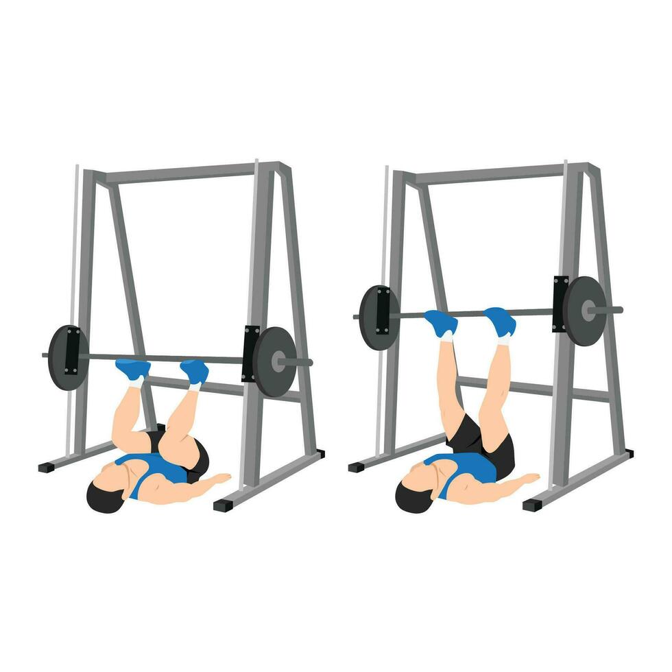 Man doing smith machine leg press exercise or reverse squat. vector