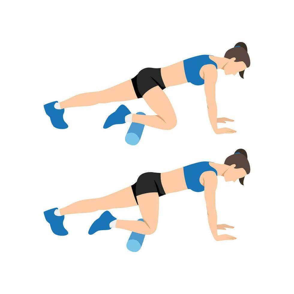 Woman doing foam roller anterior tibialis or shin stretch. vector