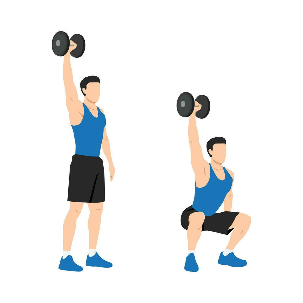 Man doing single or one arm overhead dumbbell squats exercise. vector