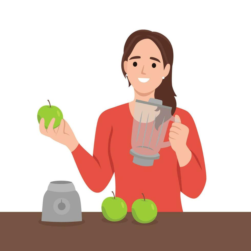Young smiling black woman making a smoothie or cocktail in a blender from green apple. vector