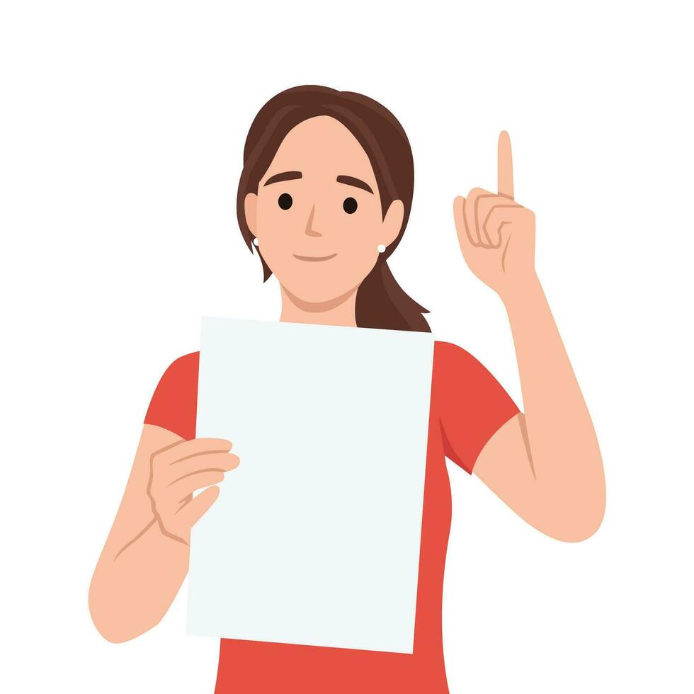 Smiling young woman hold blank poster card point up with finger. Happy girl with empty mockup placard show upward with finger. vector