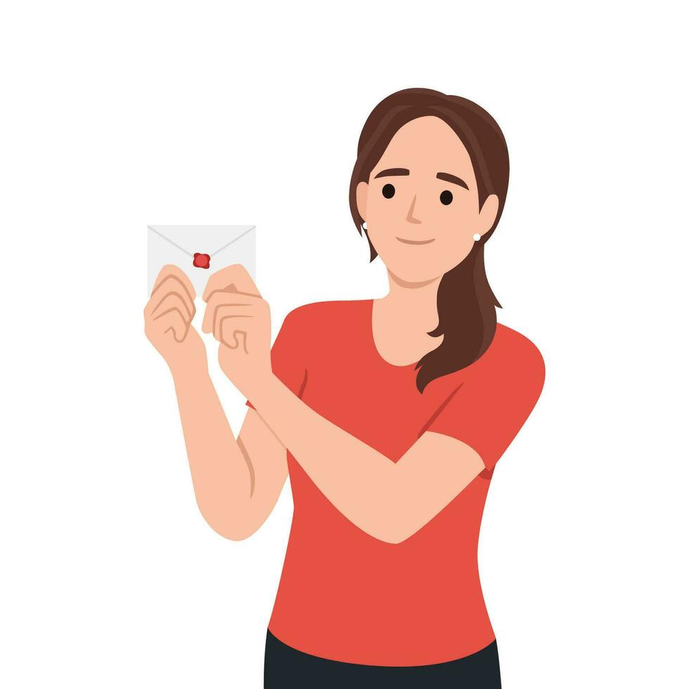 Post, gift, advertising, promotion concept. Young happy woman girl cartoon character holds red envelope with letter. Giving voucher card vector