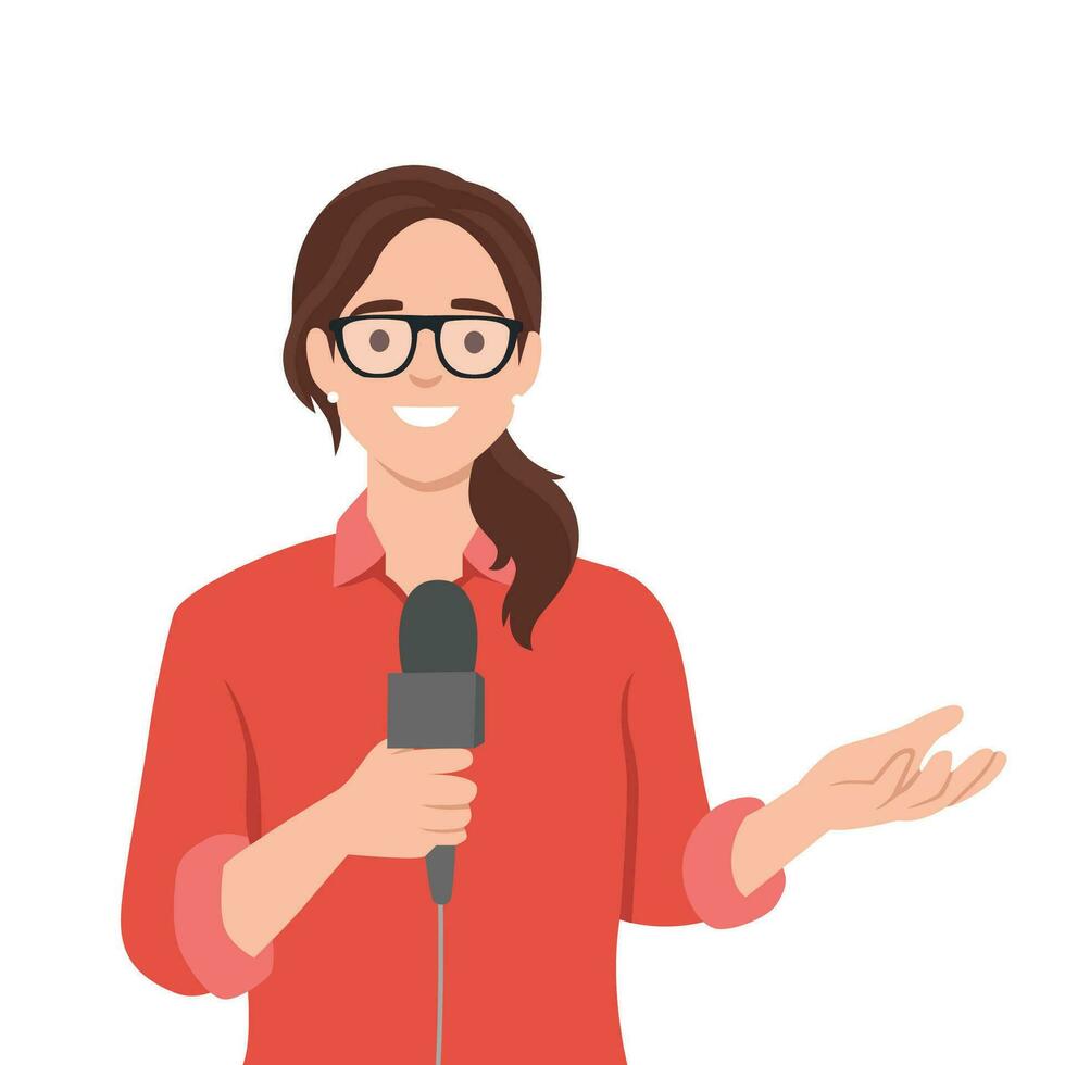 Journalist woman. Beautiful lady reporter holding microphone. vector