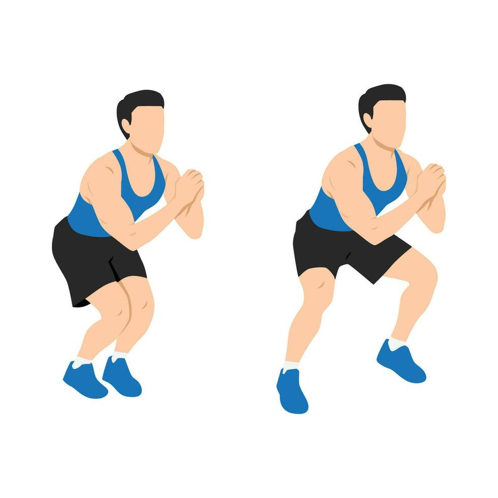 Man doing squat jacks or side sumo walks exercise. vector