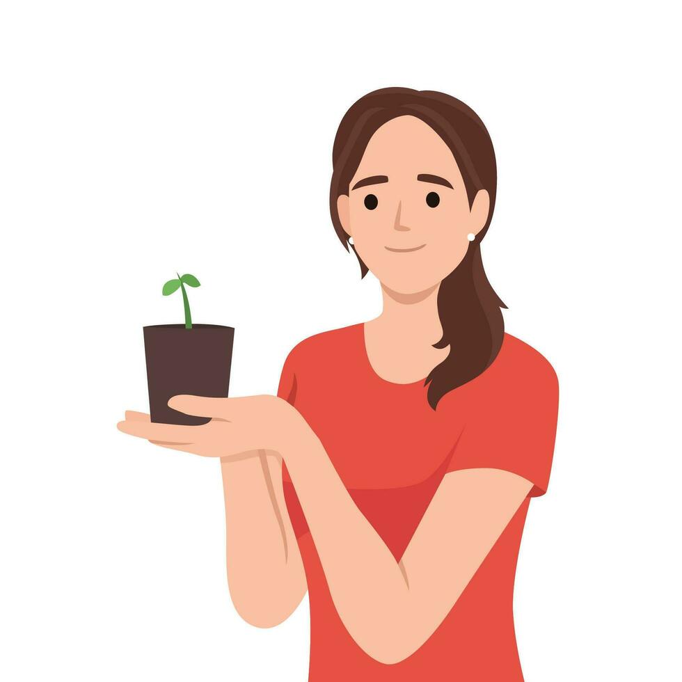 mujer sostiene puñado de tierra con planta dibujo atención a problema de ecología y contaminación o co2 emisiones contento niña haciendo planta cultivo y cuidado para ambiente o ecología vector