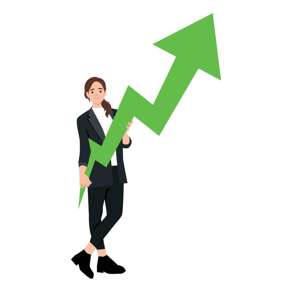 Business Woman holding a arrow. Green growing graph. vector