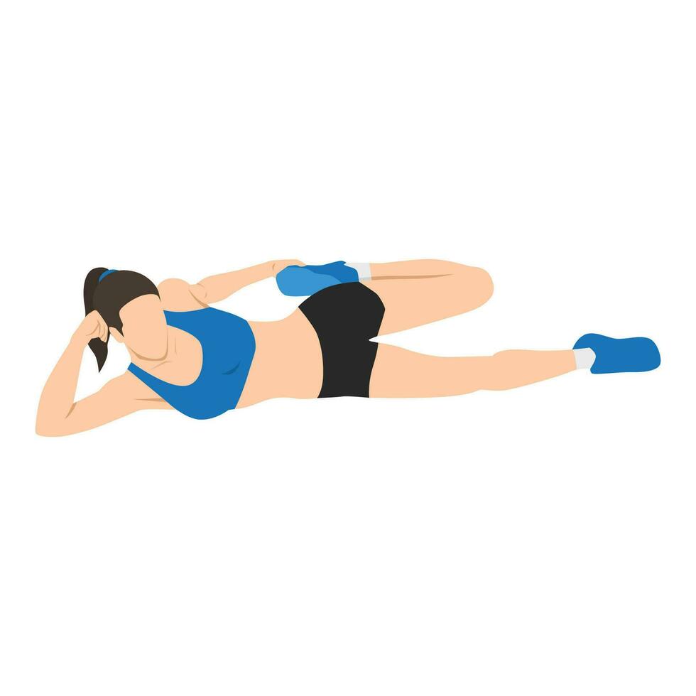 Woman doing side lying quad stretch exercise. Flat vector illustration isolated on white background