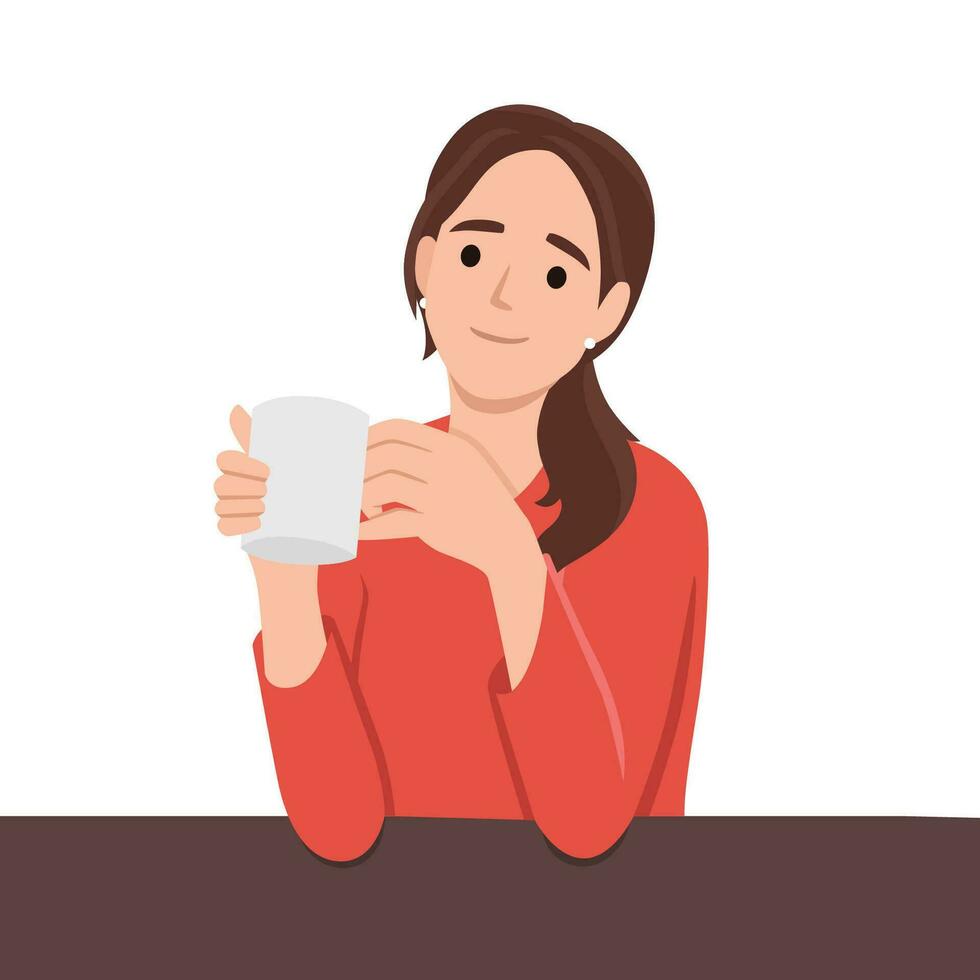 Woman enjoying a cup of coffee. Girl holding hot drink vector