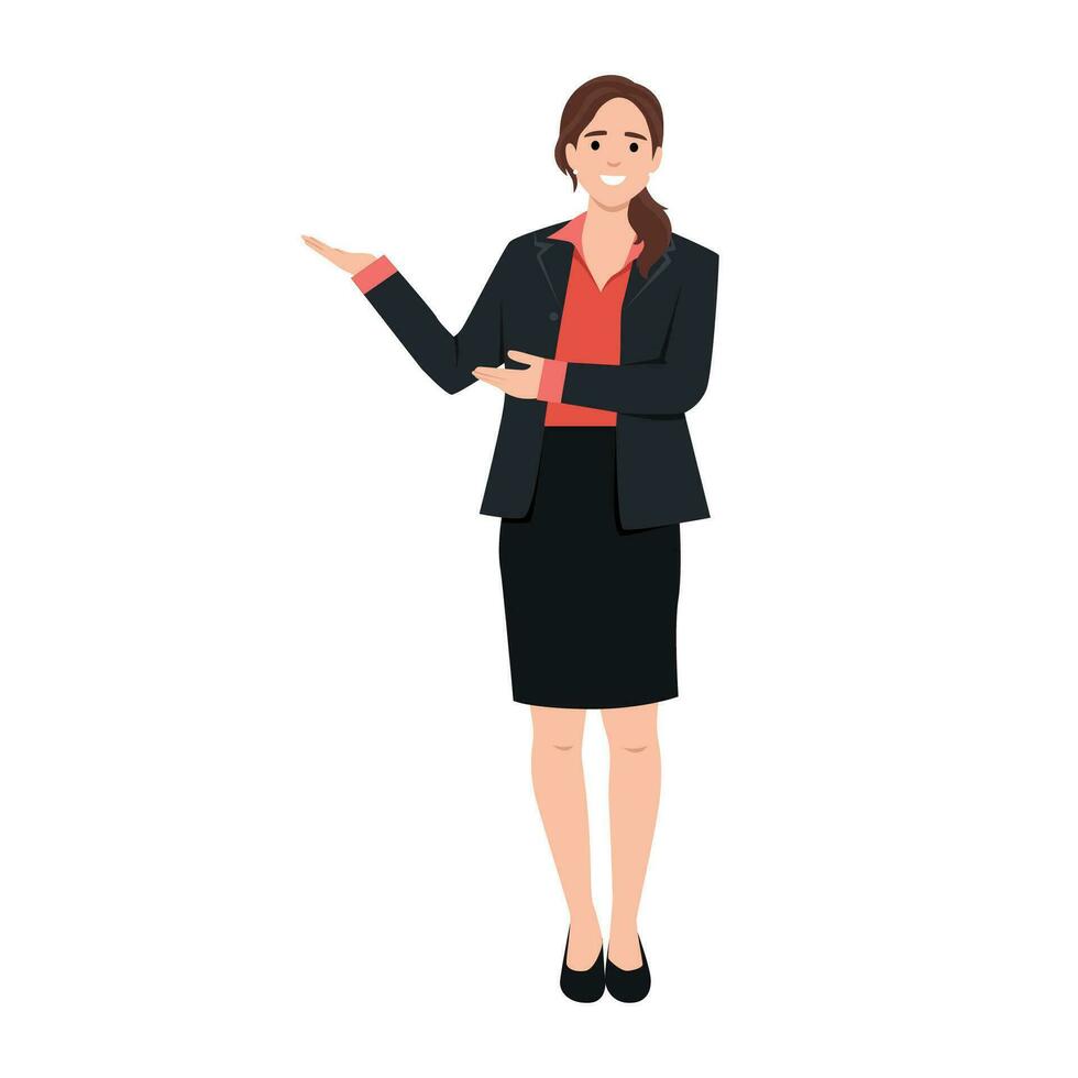 mujer de negocios haciendo un presentación gesto vector dibujos animados personaje