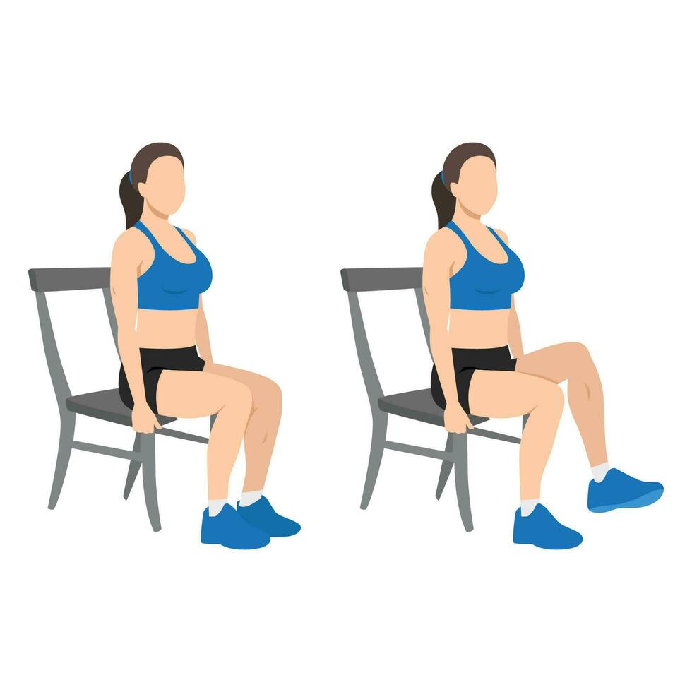 Woman doing seated knee lifts or seated knee elevations. vector