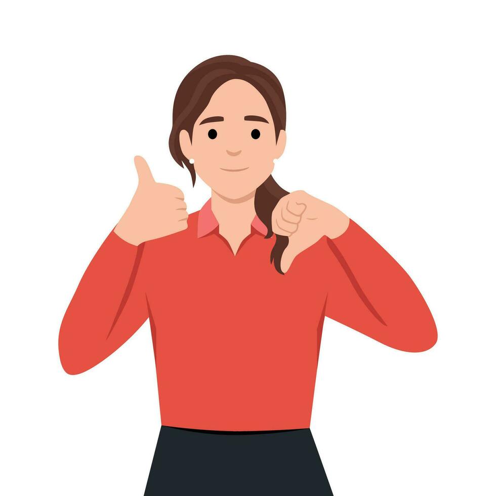 Young woman showing thumbs up and thumbs down, difficult choose vector