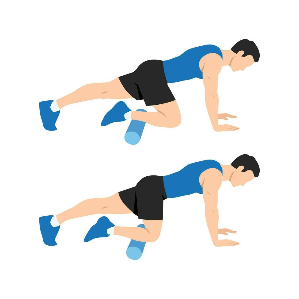 Man doing foam roller anterior tibialis or shin stretch. vector