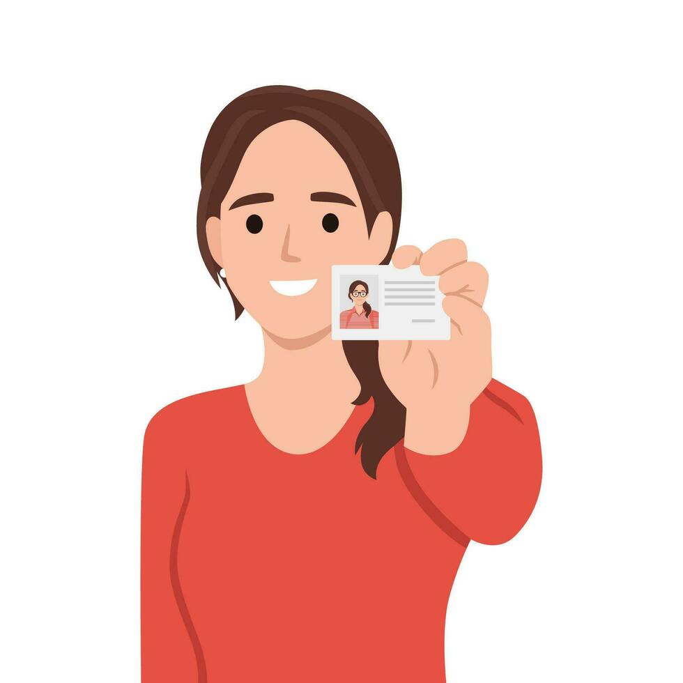 positivo mujer muestra Insignia con foto de personal datos emitido para utilizar en oficina de corporación. casual niña con sonrisa y orgullo demuestra documento a empleado compañía. vector