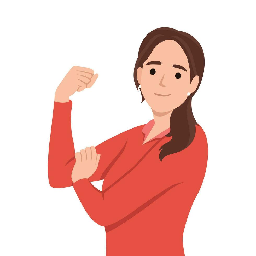Smiling young woman show muscles feeling powerful and strong. Happy girl demonstrate power and strength. Female leadership and success vector