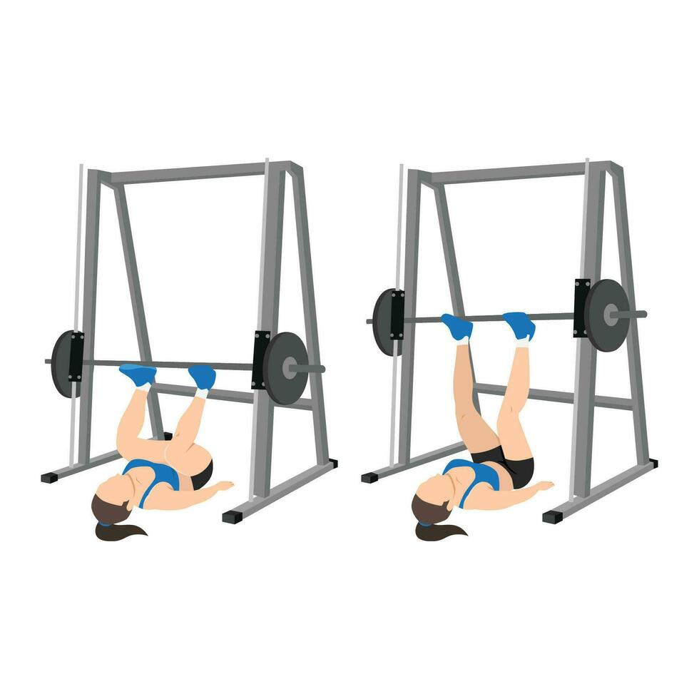 Woman doing smith machine leg press exercise or reverse squat. vector